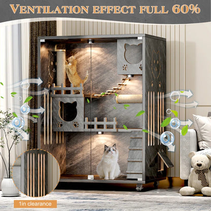 Desara Wooden Cat Villa, Large Cat Enclosure, Indoor Enclosed Cat House