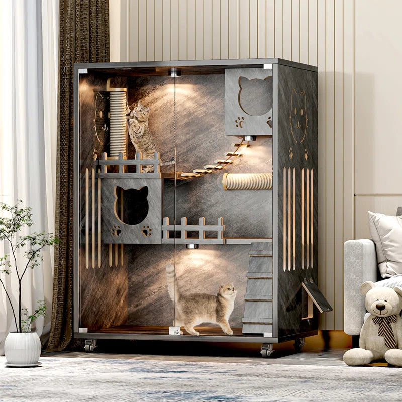 Desara Wooden Cat Villa, Large Cat Enclosure, Indoor Enclosed Cat House