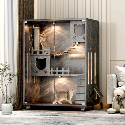 Desara Wooden Cat Villa, Large Cat Enclosure, Indoor Enclosed Cat House