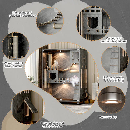 Desara Wooden Cat Villa, Large Cat Enclosure, Indoor Enclosed Cat House